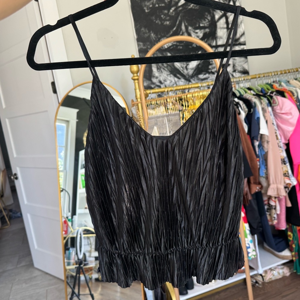 Zara | Crinkle Pleat Skinny Strap Tank Top Blouse
